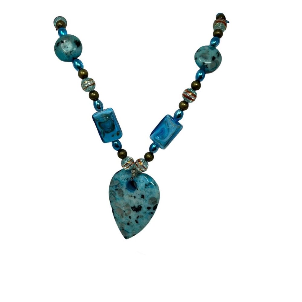 Handmade Necklace Spotted Stone Pendant Glass Beads‎ Gold Tone Accents